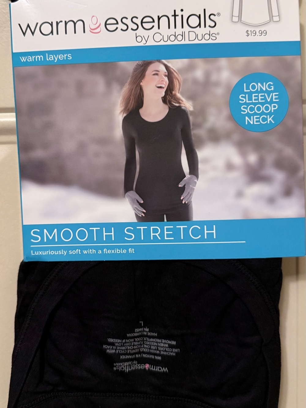 Warm Essentials by Cuddl Duds Stretch Long Sleeve Scoop Neck Top Black Size L